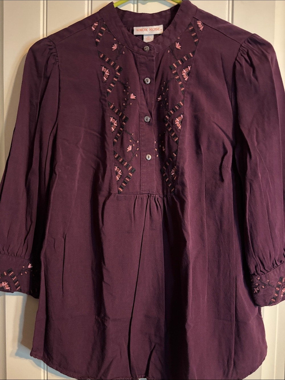 Knox Rose Plum Button-Front Embroidered Peasant Top